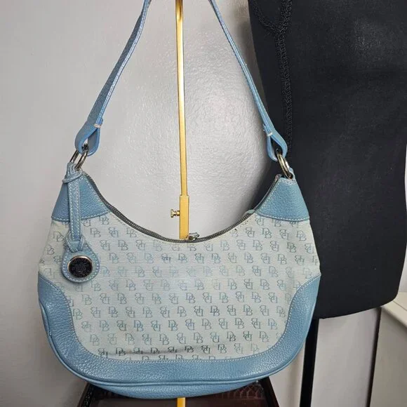 Vintage Dooney & Bourke Blue Monogram Canvas Blue Leather Trim Hobo Shoulder Bag - Picture 2 of 7